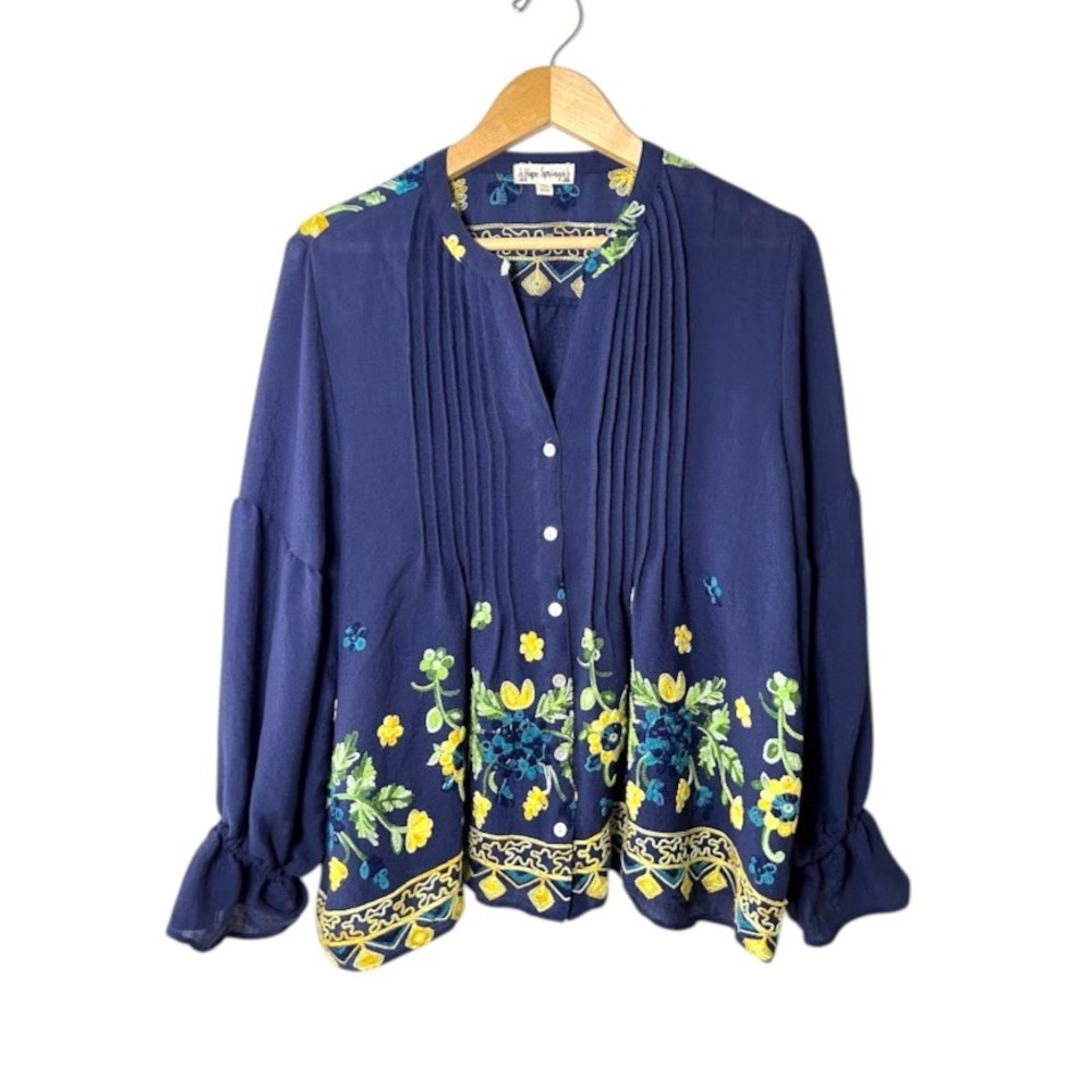 Hope Springs Navy Blue Embroidered Floral Pintuck Peasant Blouse XL Boho Top‎